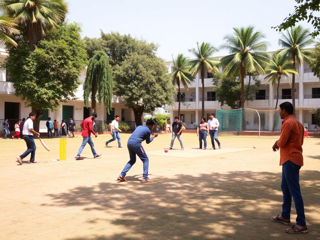 Students playing cricket on campus ground